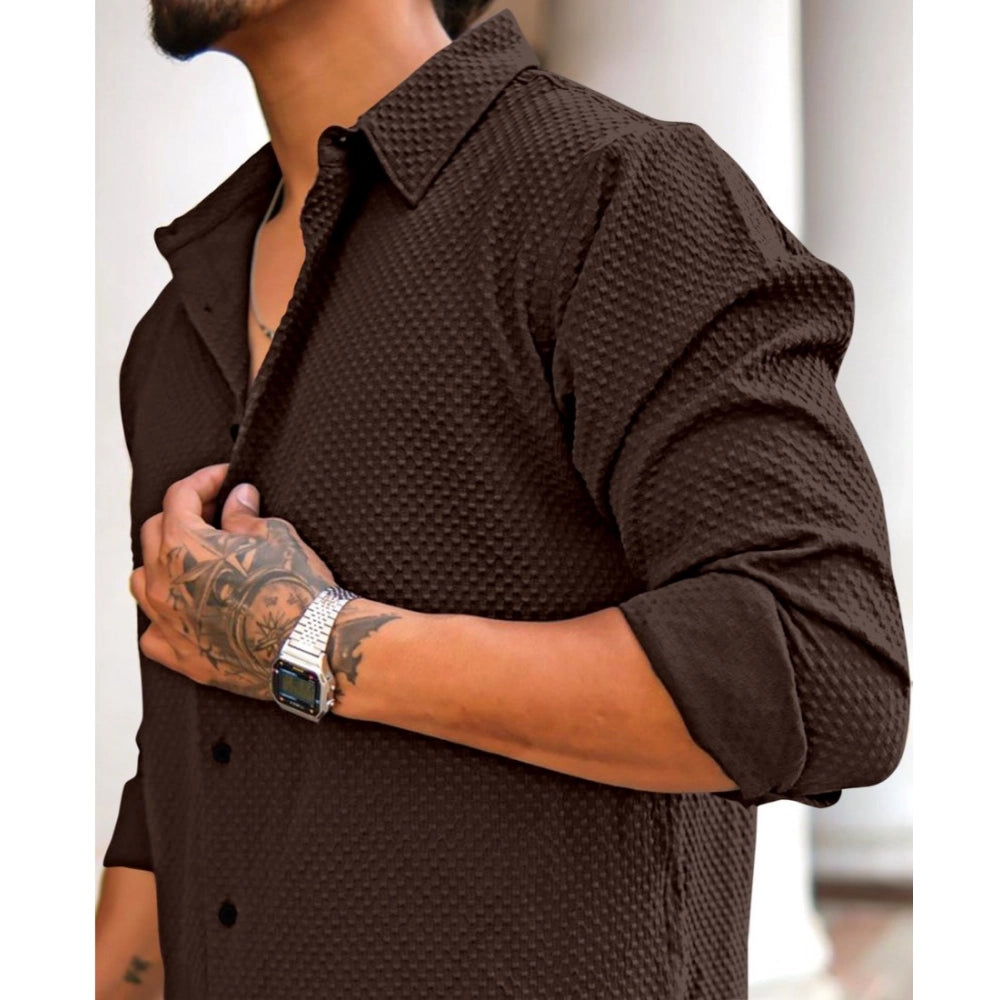 Men's Casual Popcorn Self-design Full Sleeve Collar Shirt (Brown)