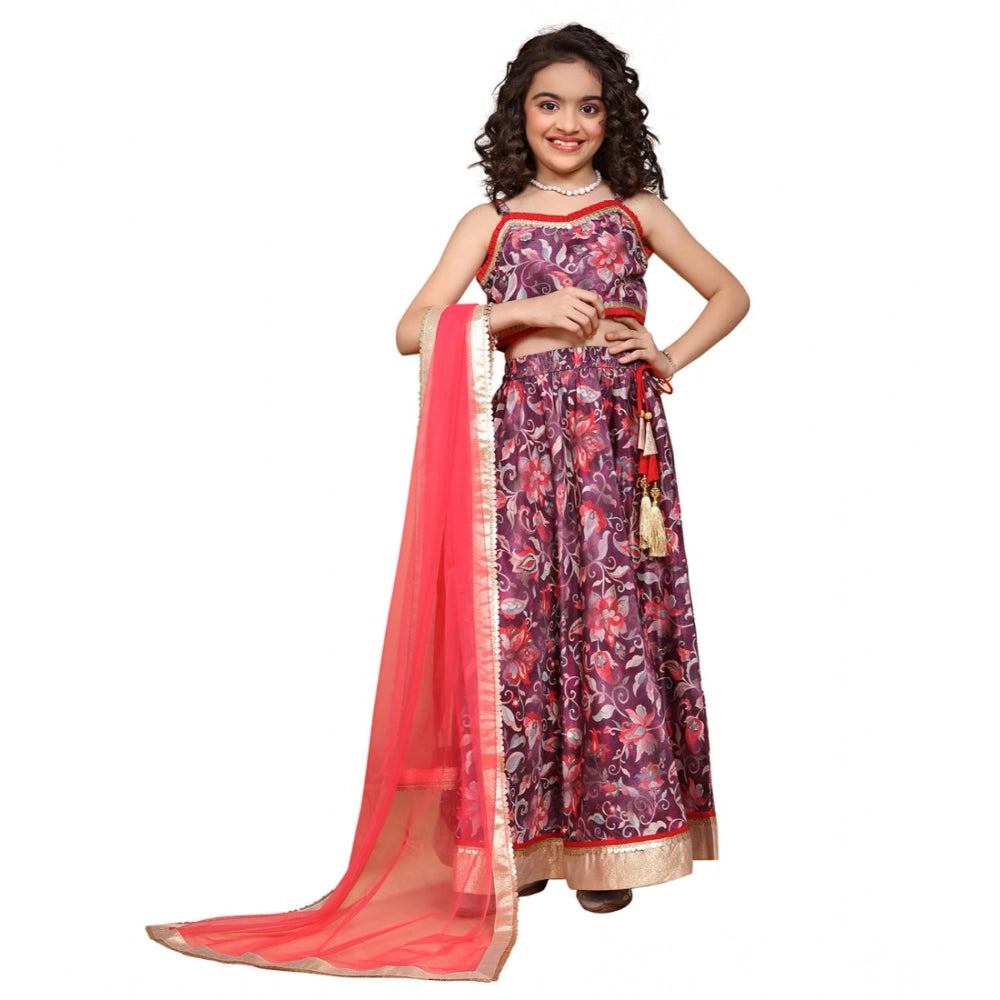 Girl's Chiffon Printed Lehenga Choli Set (Maroon)