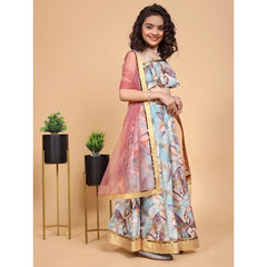 Girl's Chiffon Printed Lehenga Choli Set (Blue)