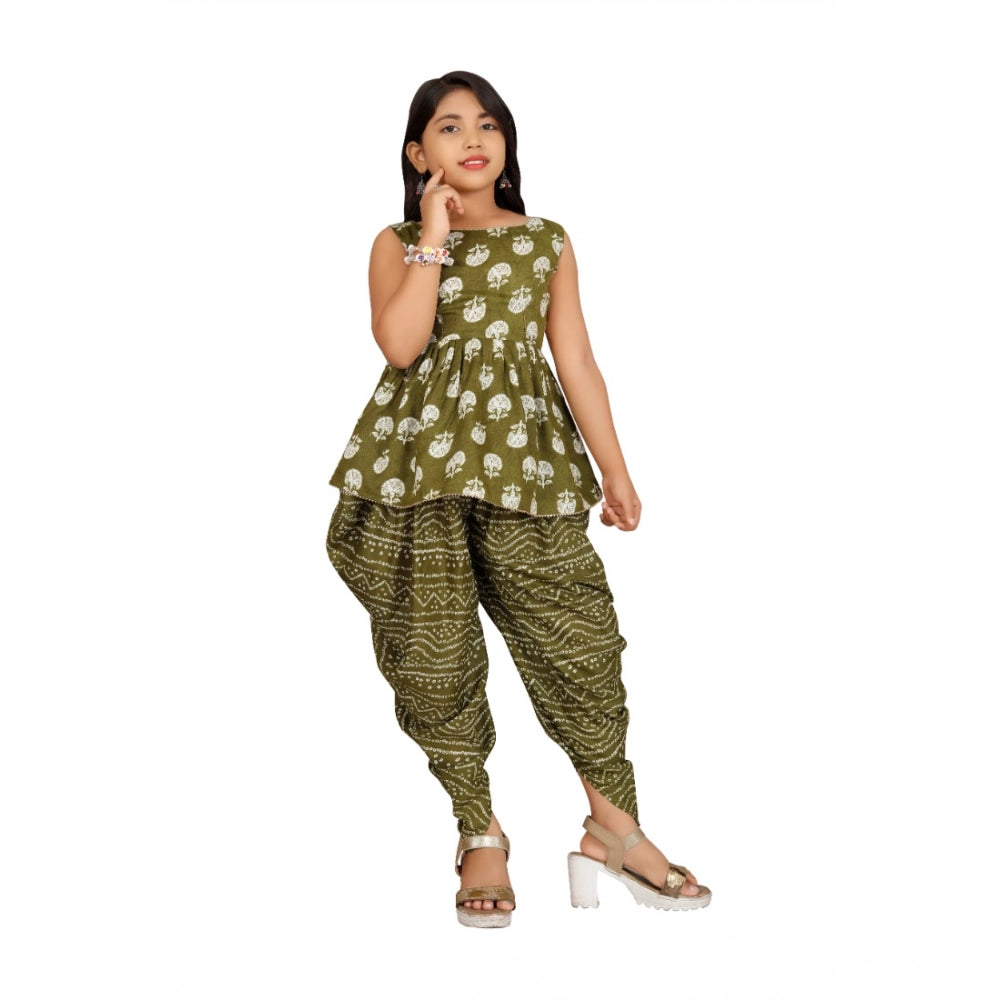 Girl's Cotton Rayon Printed Top And Dhoti With Dupatta Set (Green)