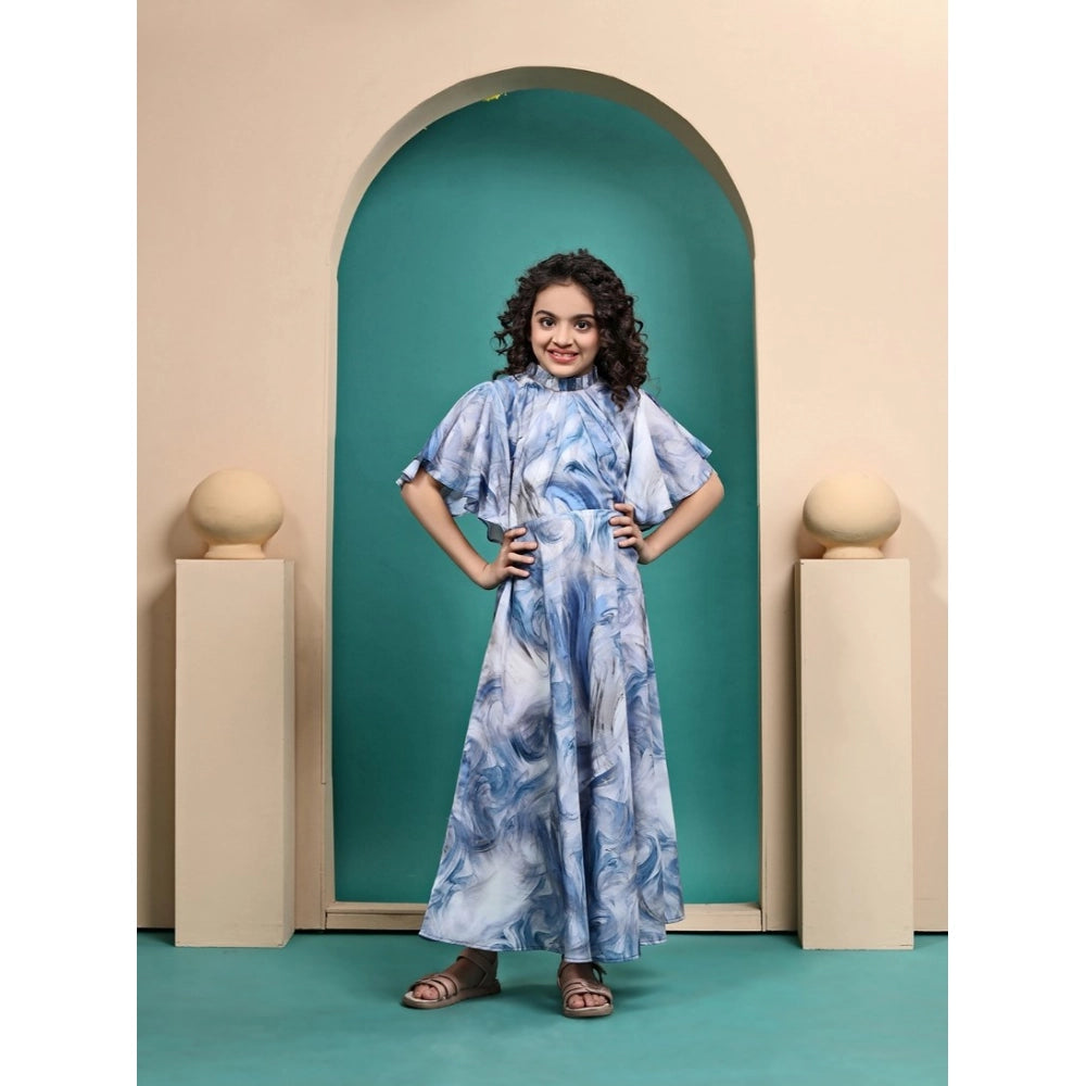 Girl's Maslin Printed Maxi Length Dress (Sky Blue)