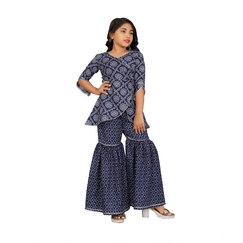 Girl's Cotton Rayon Printed Top And Sharara Set (Blue)