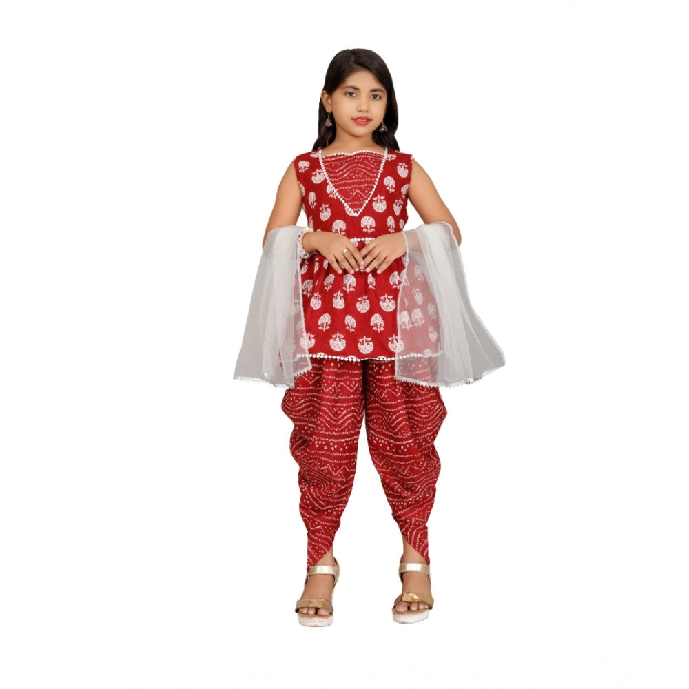 Girl's Cotton Rayon Printed Top And Dhoti With Dupatta Set (Maroon)