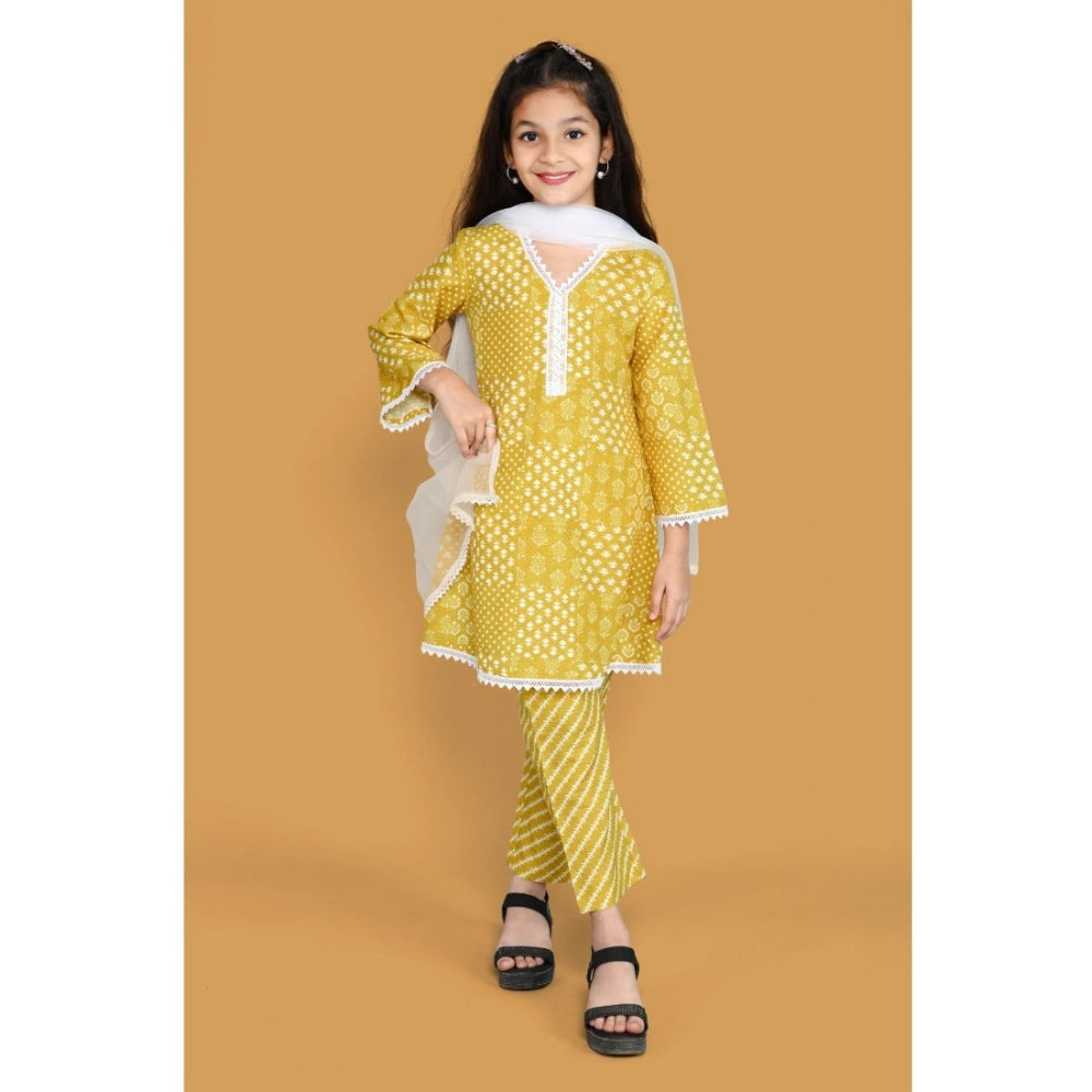 Girl's Silk Blend Floral Prinded Shiffli Lace Salwar Kameez Dupatta Set (Yellow)