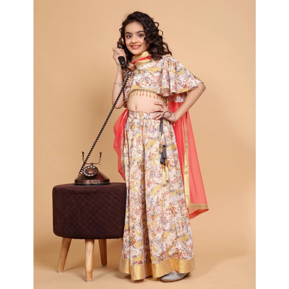 Girl's Chiffon Printed Lehenga Choli Set (Beige)