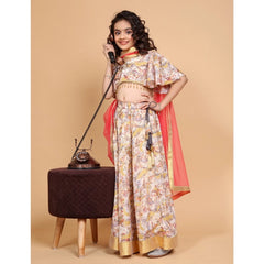 Girl's Chiffon Printed Lehenga Choli Set (Beige)