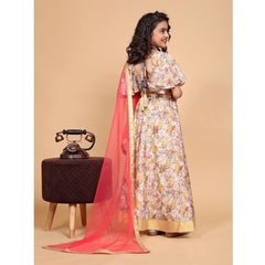 Girl's Chiffon Printed Lehenga Choli Set (Beige)