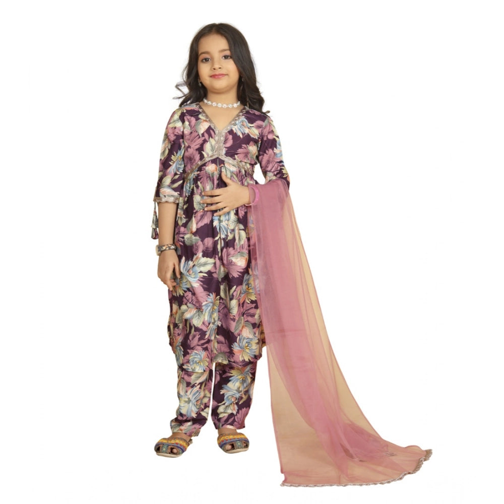 Girl's Maslin Embrodrery Lace Aliya Cut Top With Bottom Dupatta Set (Purple)