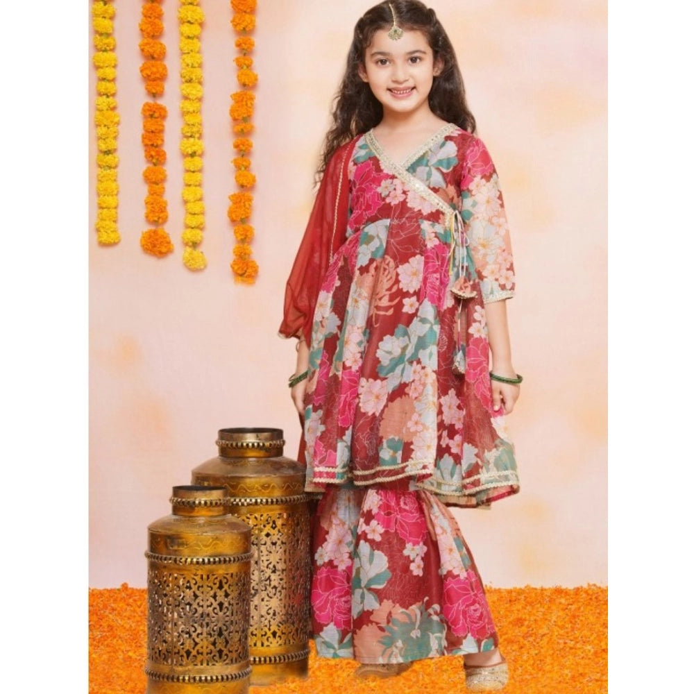 Girl's Rayon Printed Codding Lace Anarkali-Style Suit (Maroon)