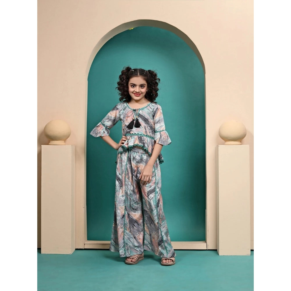 Girl's Maslin Printed Top And Plazzo Set (Multicolor)