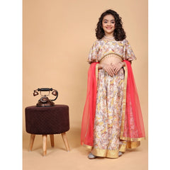 Girl's Chiffon Printed Lehenga Choli Set (Beige)