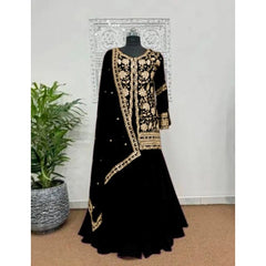 Women's Georgette Embroidery 3-4th Sleeve V-Neck Kurti, Palazzo And Dupatta Set (Black)